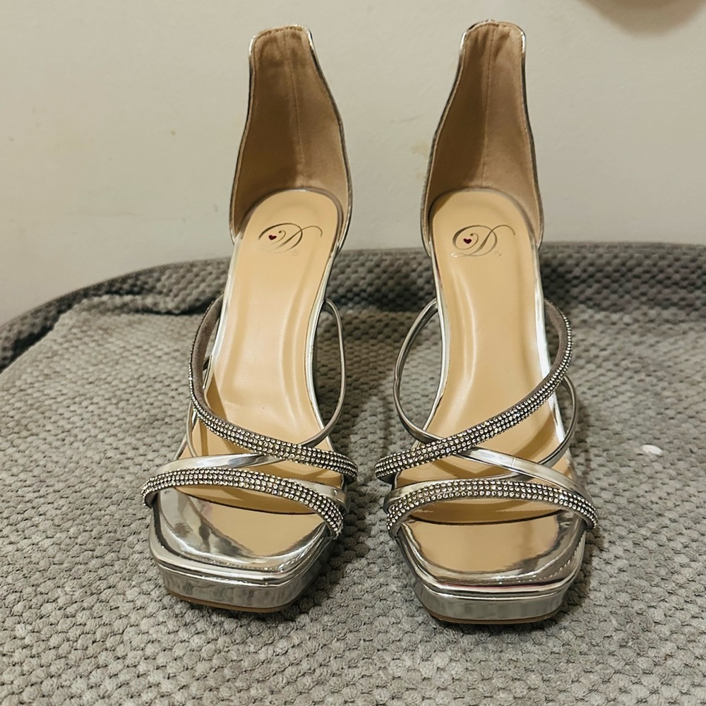 Delicious Silver Rhinestone Strappy Platform Heels